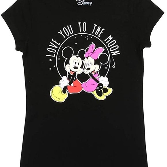 Minnie Mickey Kids Unisex Black T Shirt Printed Front & Back Love You Moon - Picture 2 of 3